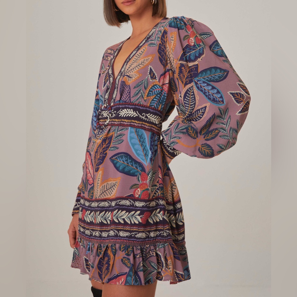 Farm Rio Lavender Wild Night Long Sleeve Mini Dress